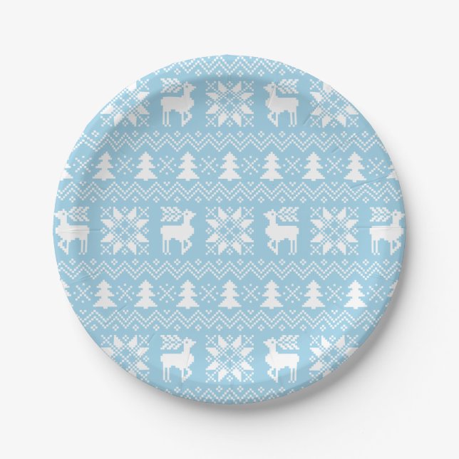 Beautiful Christmas Sweater Inspired Blue Patttern Paper Plate (Front)