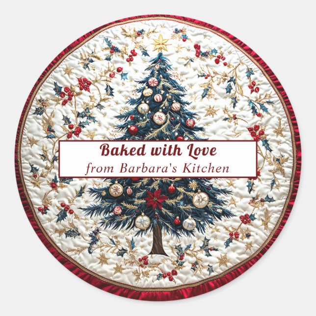 Beautiful  Christmas Tree Holly Red Satin Classic Round Sticker (Front)