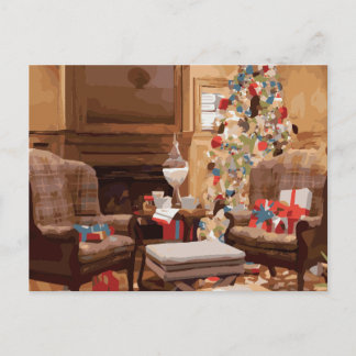 Beautiful Christmas Tree Living Room Scene Holiday Postcard