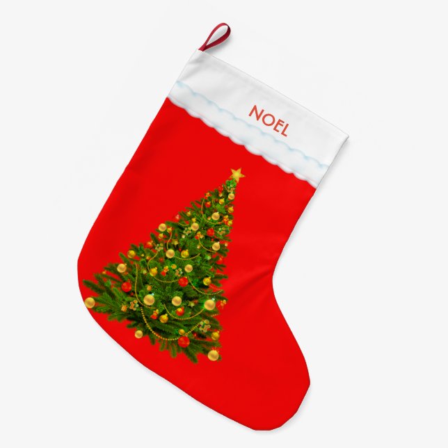 Beautiful Christmas Tree on Red Large Christmas Stocking (Front (Hanging))
