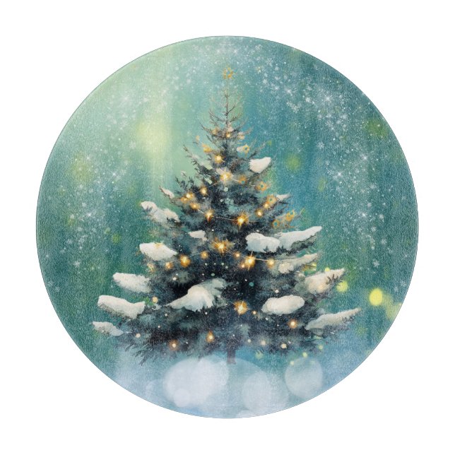 Beautiful Christmas Tree with Snow and Gold Lights Cutting Board (Front)