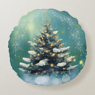 Beautiful Christmas Tree with Snow and Gold Lights Round Cushion