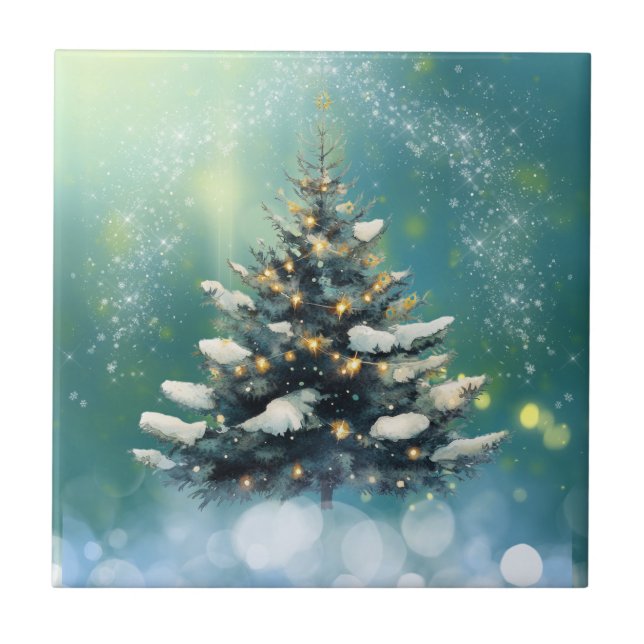 Beautiful Christmas Tree with Snow and Gold Lights Tile (Front)