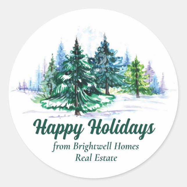 Beautiful Christmas Trees Custom Happy Holidays Classic Round Sticker (Front)