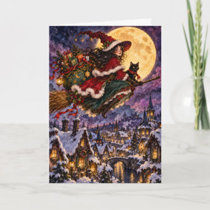 Beautiful Christmas Witch Flying Broomstick Creepm Holiday Card