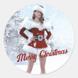 Beautiful Christmas Woman over Winter Snow Classic Round Sticker