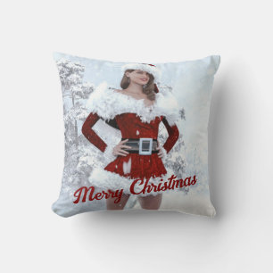 Beautiful Christmas Woman over Winter Snow Cushion