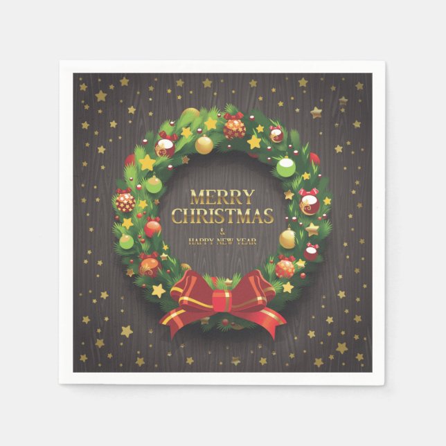 Beautiful Christmas Wreath and Red Bow Paper Napkin (Front)