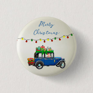 Beautiful, Christms Blue Car with Santa and Gifts 3 Cm Round Badge