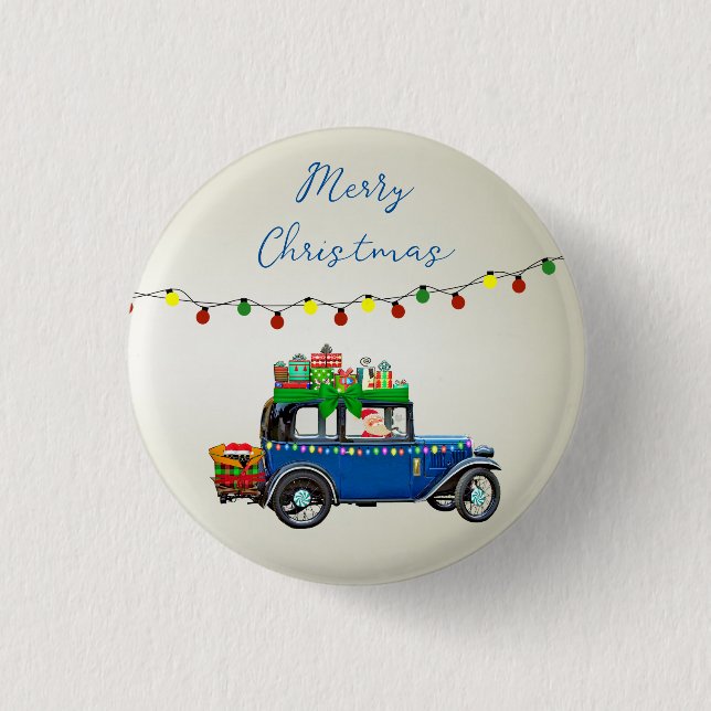 Beautiful, Christms Blue Car with Santa and Gifts 3 Cm Round Badge (Front)