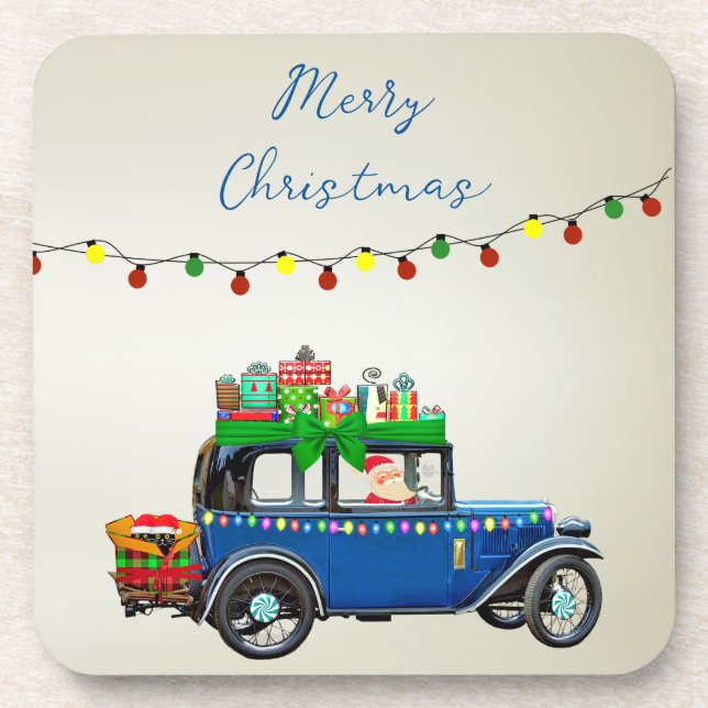 Beautiful, Christms Blue Car with Santa and Gifts  Coaster (Front)