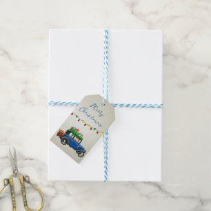 Beautiful, Christms Blue Car with Santa and Gifts  Gift Tags