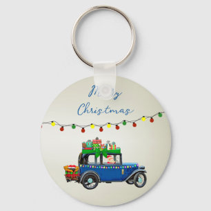 Beautiful, Christms Blue Car with Santa and Gifts Key Ring