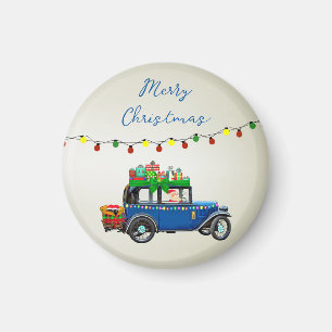Beautiful, Christms Blue Car with Santa and Gifts Magnet