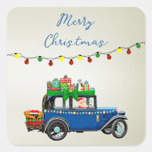 Beautiful, Christms Blue Car with Santa and Gifts Square Sticker