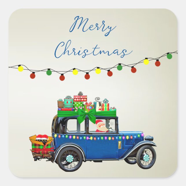 Beautiful, Christms Blue Car with Santa and Gifts Square Sticker (Front)