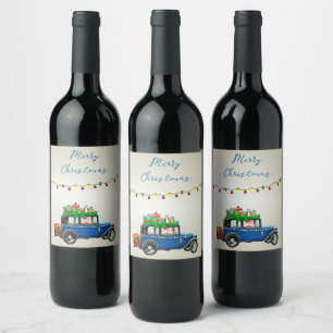 Beautiful, Christms Blue Car with Santa and Gifts Wine Label