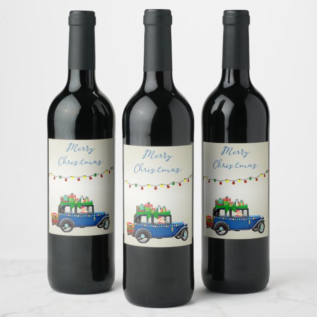 Beautiful, Christms Blue Car with Santa and Gifts Wine Label (Bottles)