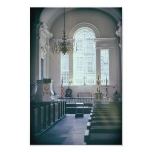 Beautiful Church Interior Sunlit Room with Pews Photo Print