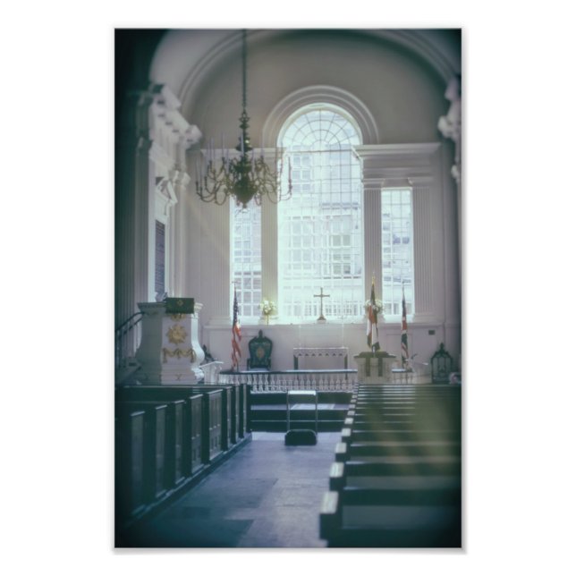Beautiful Church Interior Sunlit Room with Pews Photo Print (Front)