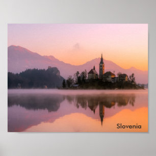 Beautiful Church on Island in Lake Bled Slovenia Poster