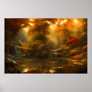 Beautiful classic autumn landscape small creek  poster