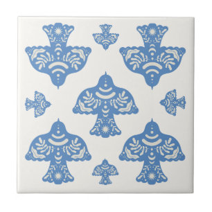 Beautiful classic folk art birds cream white Blue Tile