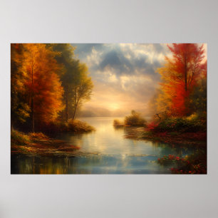 Beautiful classic peaceful landscape river trees poster