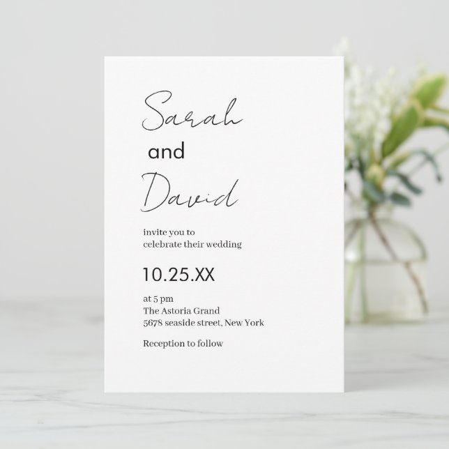 Beautiful classic text black and white wedding invitation (Standing Front)