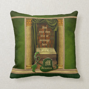 Beautiful Classical Library Old Books Green Drapes Cushion