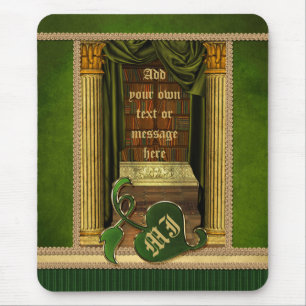 Beautiful Classical Library Old Books Green Drapes Mouse Mat