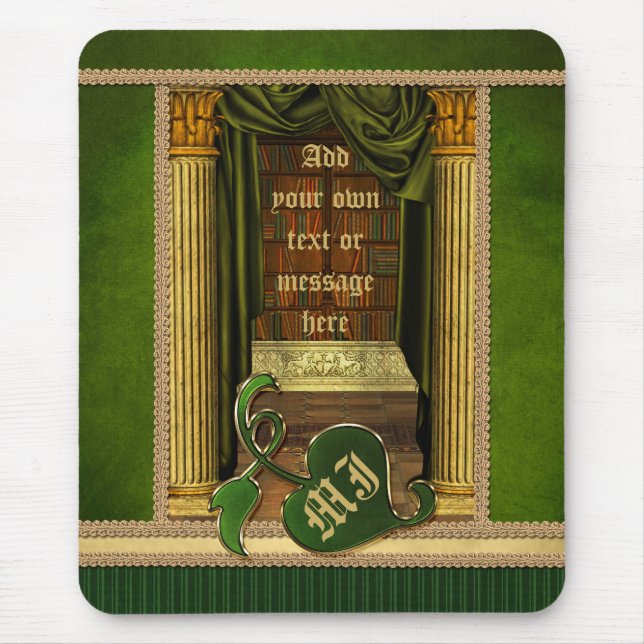 Beautiful Classical Library Old Books Green Drapes Mouse Mat (Front)