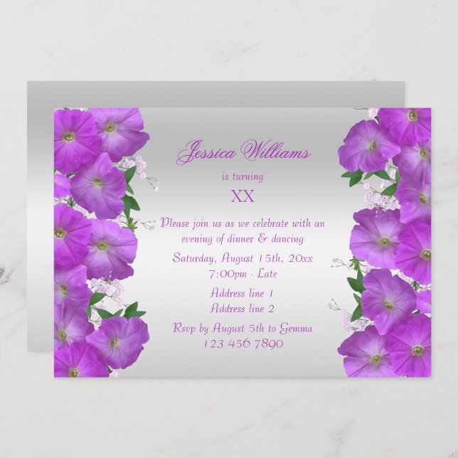 Beautiful Classy Petunias Floral Birthday Invitation (Front/Back)