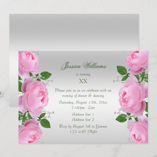 Beautiful Classy Pink  Roses Flowers Birthday Invitation (Front/Back)