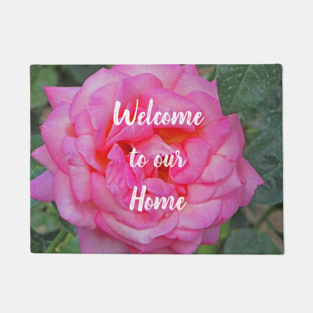 Beautiful Close-up Pink Rose Bloom Photo Welcome Doormat (Front)