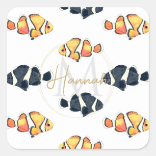 Beautiful Clown Fish Painting Black and Yellow Square Sticker