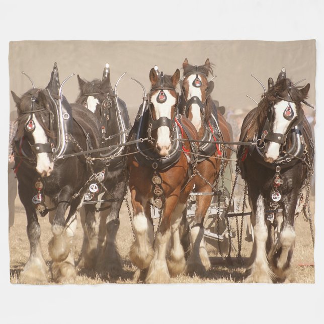 Beautiful Clydesdale Horses Ploughing - Team Work Fleece Blanket (Front (Horizontal))