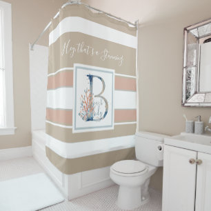 Beautiful coastal coral and blue monogram striped shower curtain