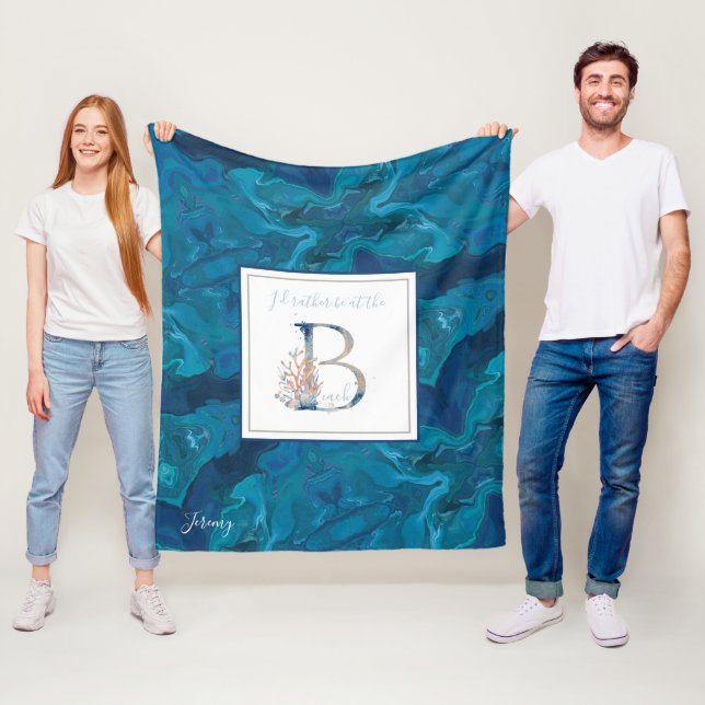 Beautiful coastal gradient blue coral monogram  fleece blanket (In Situ)
