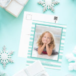 Beautiful Coastal Teal Beach Christmas Holiday Postcard<br><div class="desc">Beautiful seaside green decorates this pretty family photo Christmas postcard that reads Mele Kalikimaka,  the Hawaiian way to say Merry Christmas. A cute beach colour motif on a trendy custom photograph holiday postcard. Chic teal waves behind a lovely custom photograph of your kids.</div>