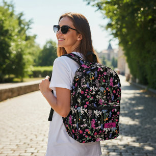 Beautiful Colorful Floral Motif Black Custom Name Printed Backpack