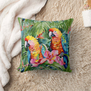 Beautiful Colorful Parrots and Tropical Flowers Cushion