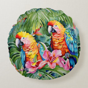 Beautiful Colorful Parrots and Tropical Flowers Round Cushion