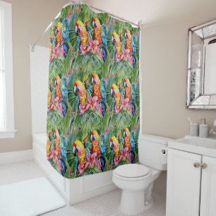 Beautiful Colorful Parrots and Tropical Flowers Shower Curtain