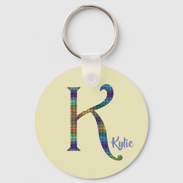 Beautiful Colorful Tile Letter K Initial Monogram Key Ring (Front)