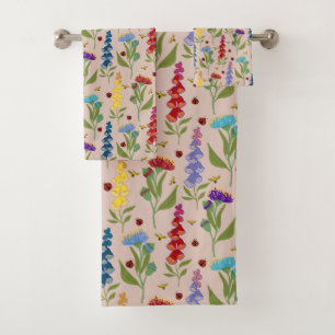 Beautiful Colorful Wildflower, Bee, Lady Bug Bath Towel Set
