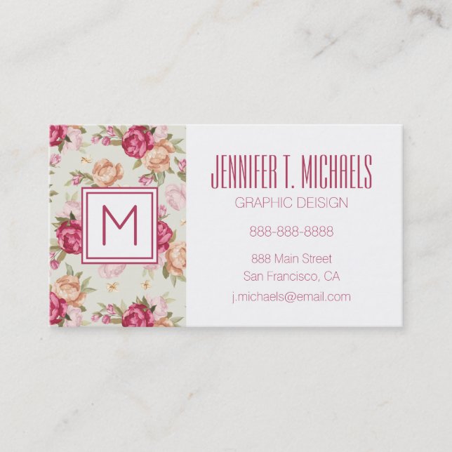 Beautiful colour peony pattern on green business card (Front)