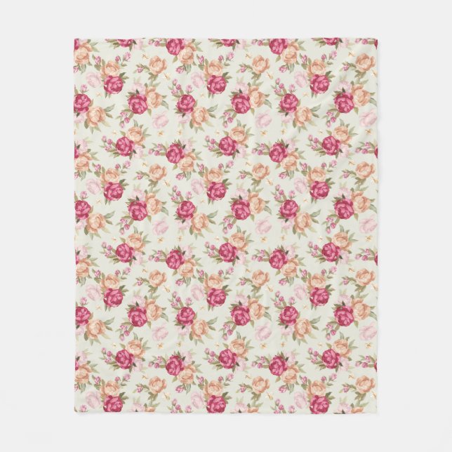 Beautiful colour peony pattern on green fleece blanket (Front)