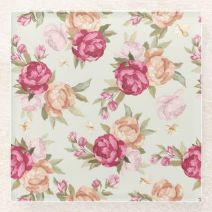 Beautiful colour peony pattern on green glass coaster