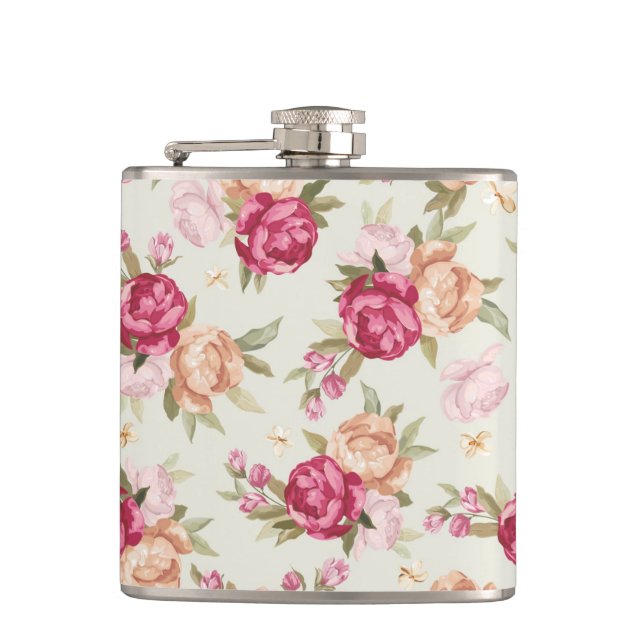 Beautiful colour peony pattern on green hip flask (Front)